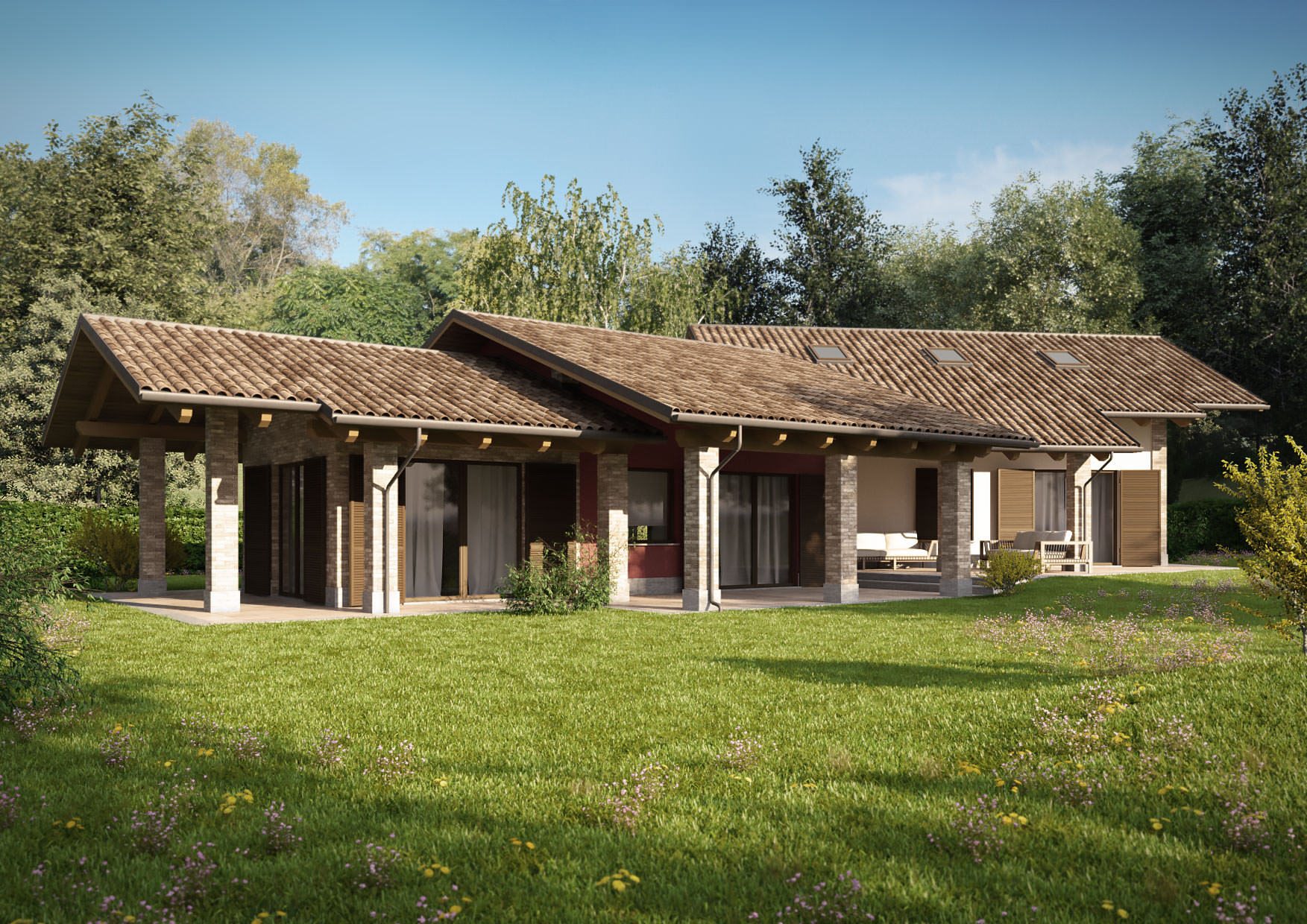 Casa in legno con il portico sulla collina Ville in pietra e legno